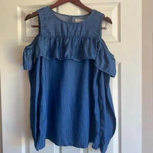 LOFT Denim Ruffle Chest Off Shoulder Long Sleeve Blouse
